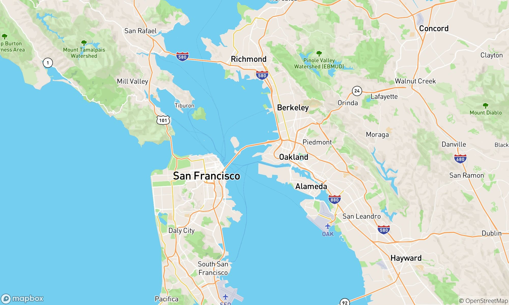 San Francisco Bay Area map showing cities and roads